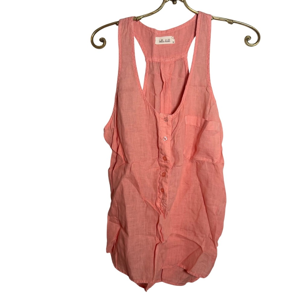 Bella Dahl Womens Coral Pink 100% Linen Racerback Button Front Tank Top Size M